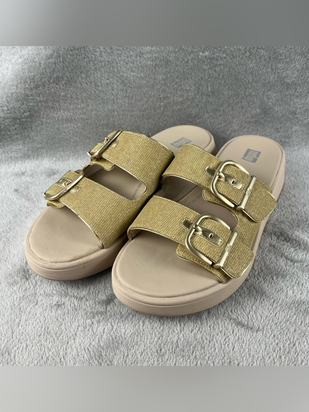 Women's FITFLOP Lulu ES7-675 Ankle Strap Metallic Platino Gold Leather Sandals 8